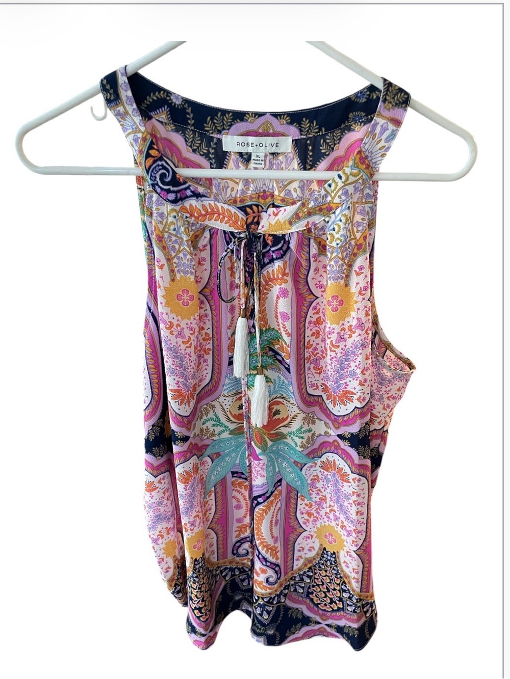Rose & Olive Pink Multi Paisley Print Sleeveless Tie-Neck Tank